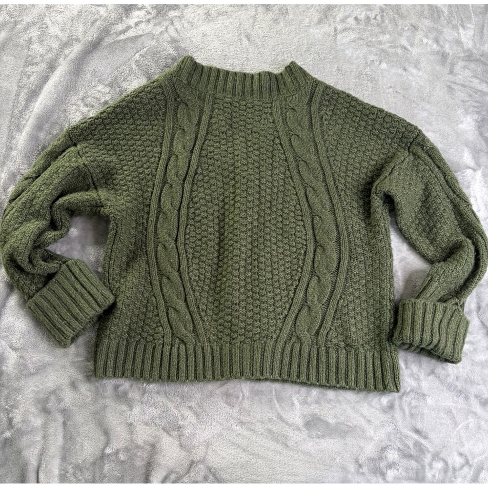 Abercrombie & Fitch Cable Knit Cardigan Sweater Womens M Olive Green V-Neck - Picture 5 of 6